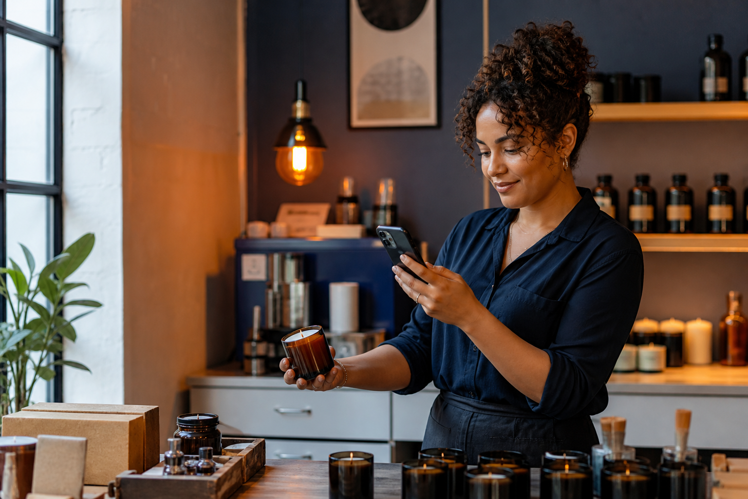Small-business owner photographing a product with her phone