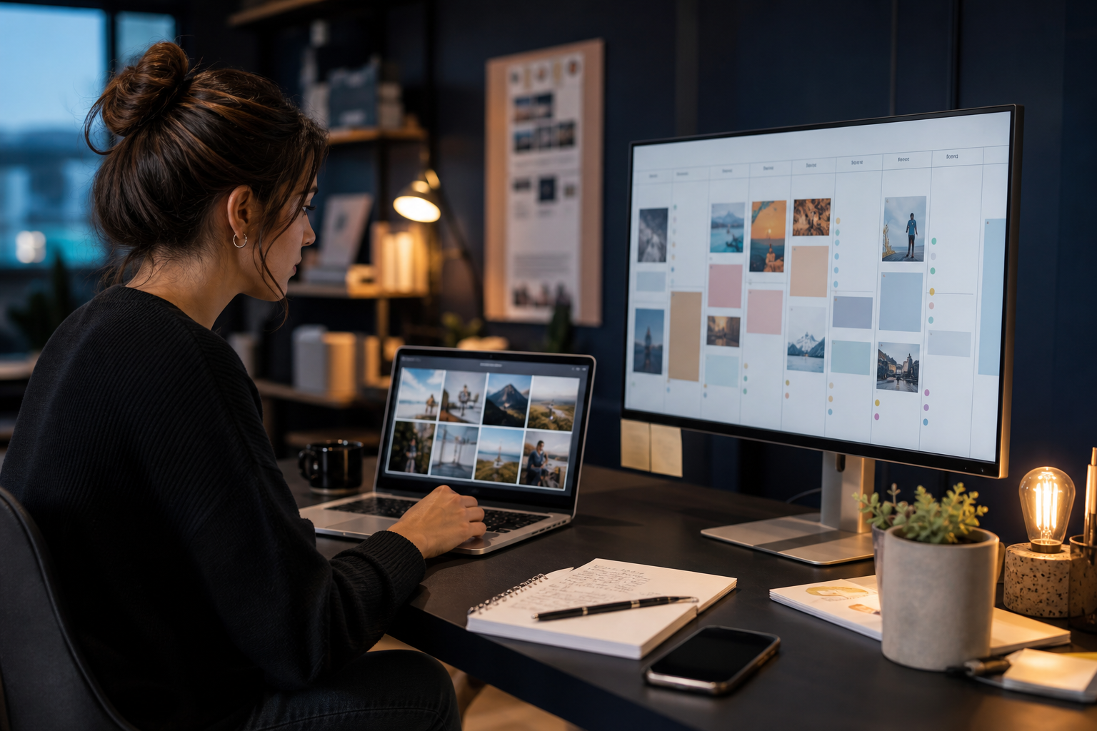 Social media manager organizing content into a publishing calendar